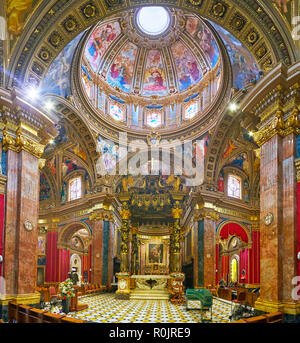 VICTORIA, MALTA - JUNE 15, 2018: Panorama of St George Parish Church, famous for the masterpiece Baroque interior with rich decorations of gilt, carve Stock Photo