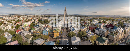 Aerial - Hallgrimskirkja Church and homes, Reykjavik, Iceland Stock Photo