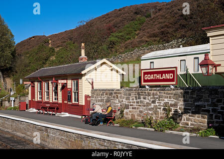 People waiting for a train at the railway station platform Goathland North York Moors National Park North Yorkshire England UK United Kingdom Britain Stock Photo