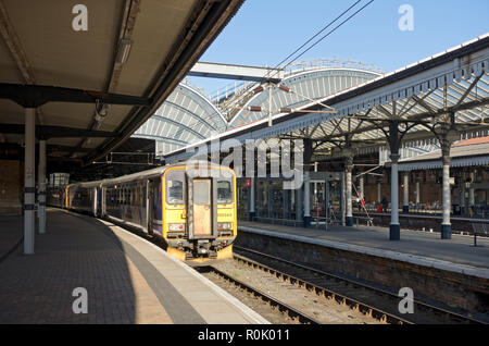 Northern train waiting at the railway station platform York North Yorkshire England UK United Kingdom GB Great Britain Stock Photo
