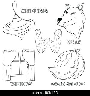 Black and White Cartoon Vector Illustration of Letter W - Coloring Book Stock Vector