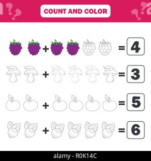 Math educational game for children. Counting equations. Addition worksheet Stock Vector