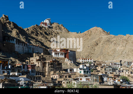 India, Ladakh, Leh. Houses in Leh, crowding up the hillside, a warren ...