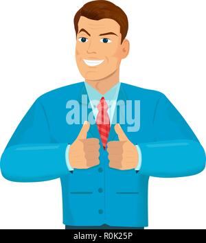 Businessman shows both hands a sign Thumb Up. Happy funny man show sight thumbs up and good luck. Stock Vector