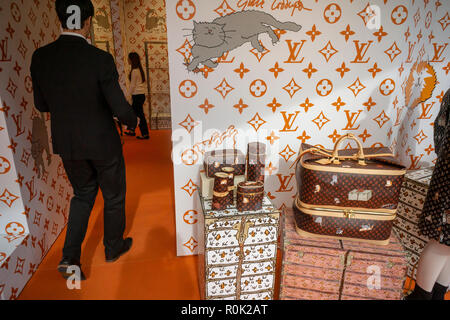 A cat-themed collaboration between he Louis Vuitton and fashion editor Grace Coddington opens a pop-up store in the trendy Meatpacking District in New York on Friday, October 26, 2018. Featuring Coddington's illustrations of her cats, the collection is named Catogram and the felines appear all over the leather goods, clothing shoes and even pajamas. (Â© Richard B. Levine) Stock Photo