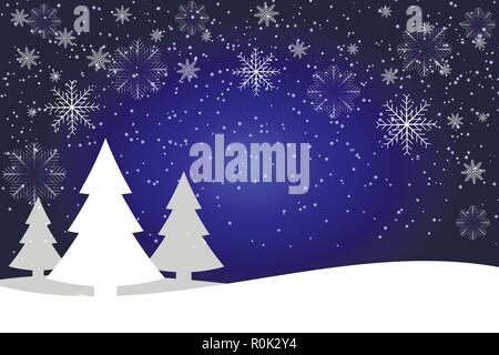 Vector illustration Winter snowy flat Mountains landscape with pines, hills and snowflakes. Stock Vector