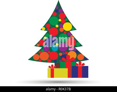 Christmas background with decorated tree and gift boxes. Colorful flat presents for holiday. Modern design. Christmas and New Year elements for decoration. Vector illustration isolated on white. Stock Vector