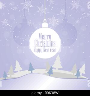 2019 Christmas and Happy New Year greeting card background. Xmas ball on winter landscape decoration design. Stock Vector