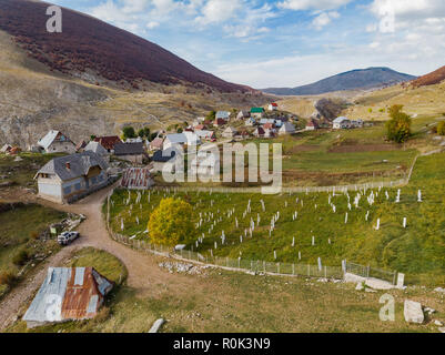 Lukomir remote village in rural Bosnia, aerial drone view. Stock Photo