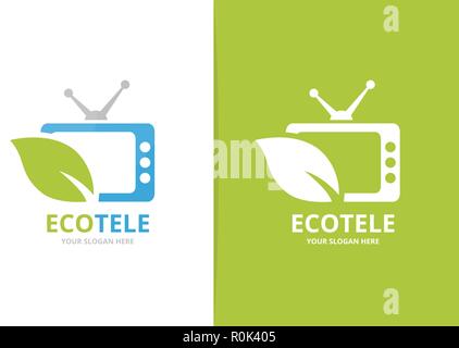 Vector tv and leaf logo combination. Television and eco symbol or icon. Unique media and organic logotype design template. Stock Vector