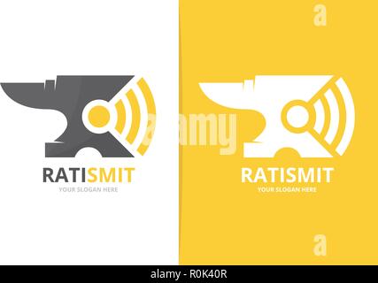 Vector smith and wifi logo combination. Blacksmith and signal symbol or icon. Unique metal and radio logotype design template. Stock Vector