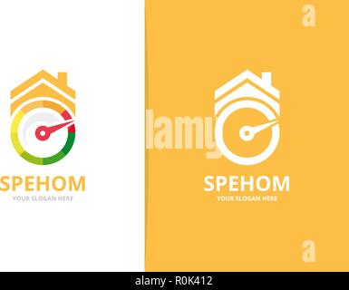 Vector speedometer and real estate logo combination. Tachometer and house symbol or icon. Unique speedo and rent logotype design template. Stock Vector