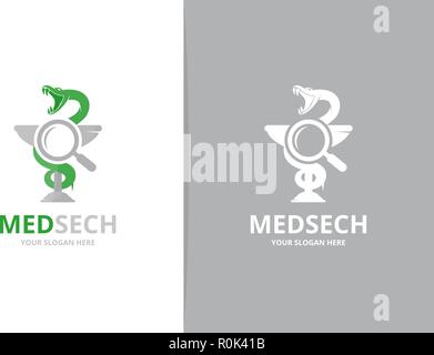 Vector medicine and loupe logo combination. Pharmacy and magnifying symbol or icon. Unique ambulance and search logotype design template. Stock Vector