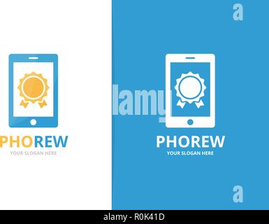 Vector reward and phone logo combination. Trophy and mobile symbol or icon. Unique medal and device logotype design template. Stock Vector