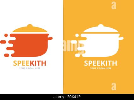 Vector fast pot logo combination. Speed kitchen symbol or icon. Unique pan and quick logotype design template. Stock Vector