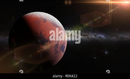 planet Mars during the Martian winter in front of the Milky Way galaxy and the sun Stock Photo