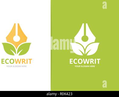 Vector pen and leaf logo combination. Write and eco symbol or icon. Unique law and organic logotype design template. Stock Vector
