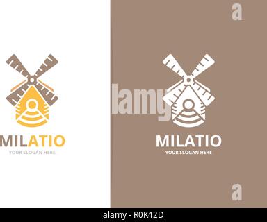 Vector mill and wifi logo combination. Farm and signal symbol or icon. Unique windmill and radio logotype design template. Stock Vector