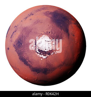 Mars with the Red Planet's north polar ice cap, isolated on white background Stock Photo