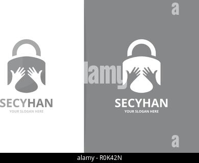 Vector lock and hands logo combination. Safe and embrace symbol or icon. Unique padlock and team, friendship logotype design template. Stock Vector