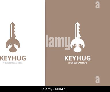 Vector key and hands logo combination. Lock and embrace symbol or icon. Unique house and friendship logotype design template. Stock Vector