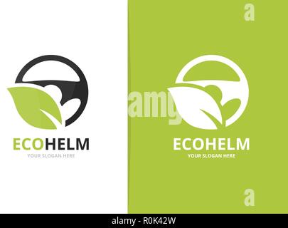 Vector car helm and leaf logo combination. Steering wheel and eco symbol or icon. Unique rudder and organic logotype design template. Stock Vector