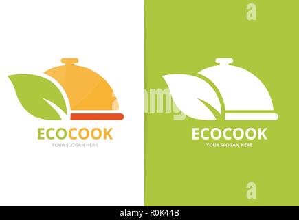 Vector dish and leaf logo combination. Plate and eco symbol or icon. Unique kitchen and organic logotype design template. Stock Vector