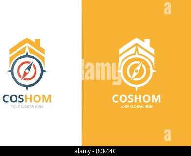 Vector compass and real estate logo combination. Navigation and house symbol or icon. Unique travel and rent logotype design template. Stock Vector