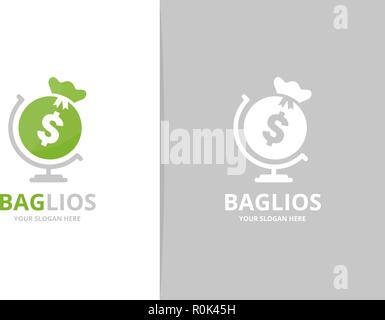 Vector bag and globe logo combination. Sack planet symbol or icon. Unique money logotype design template. Stock Vector