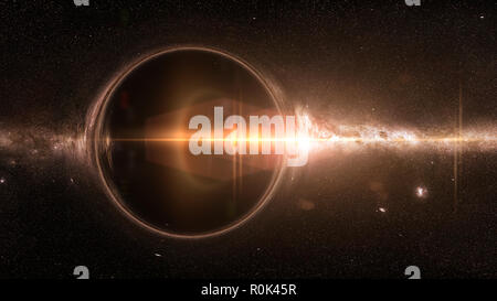 black hole with gravitational lens effect and the Milky Way galaxy Stock Photo
