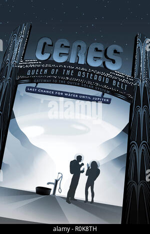 Retro space travel poster of the dwarf planet Ceres. Stock Photo