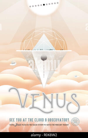 Retro space travel poster of an observatory in the solar ystem to watch planets transit the Sun. Stock Photo
