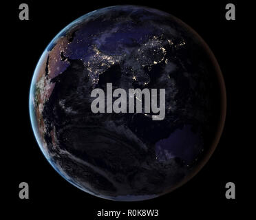 Full Earth showing city lights of Asia at night. Stock Photo