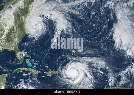 Hurricane Maria in the Caribbean and Hurricane Jose off the U.S. east coast. Stock Photo