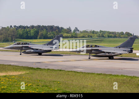 French Air Force Rafale aircraft with different loadouts. Stock Photo