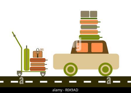 Vector flat illustration. Luggage trolley with suitcases. Car with luggage on the roof. The baggage is on the luggage trolley. For infographic, catalo Stock Vector