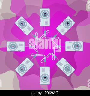 Set of modern compact digital cameras with wrist straps on a pink background. Wifi technology. Flat design. Vector illustration. For catalogs, informa Stock Vector