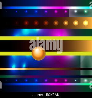 Futuristic vector illustration. Modern abstract background. Horizontal multicolored stripes and glowing circles. Colorful halftone gradients. Technolo Stock Vector