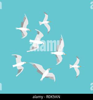 Vector set flying seagulls. Seagulls isolated on a light blue background. Editable flat illustration. Top view. Trendy concept for infographics, catal Stock Vector