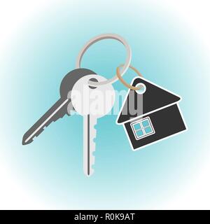 Vector flat illustration of two keys with ring and house shaped keychain. Trendy symbol concept for real estate, construction companies, renting prope Stock Vector