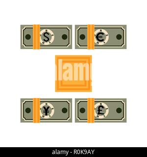 Four bundles of banknotes tied with bank paper tape. Paper money from different countries. Packages with abstract dollars, euros, yens, pounds sterlin Stock Vector