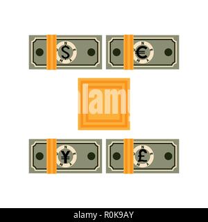 Four bundles of banknotes tied with bank paper tape. Paper money from different countries. Packages with abstract dollars, euros, yens, pounds sterlin Stock Vector