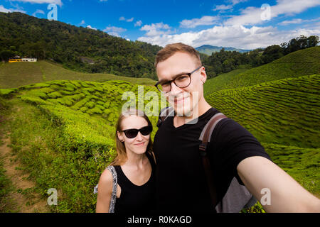 Landscape with couple of tourists on Bharat tea plantation in Cameron Highlands mountains in national park in Malaysia. Agriculture of south east Asia Stock Photo