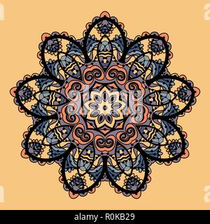 Stylized mandala vector. Flower like round ornate design over chokolate paper background Stock Vector