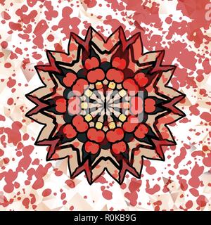 Stylized watercolor abstract design element, mandala ornament with red paint splashes over Stock Vector