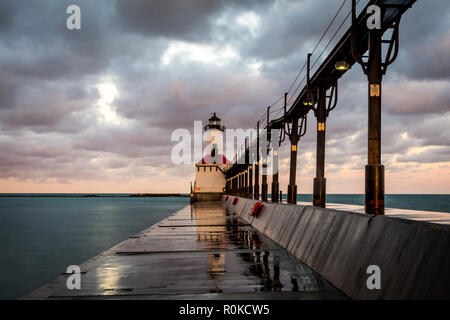 Michigan city lighthouse at sunrise.  Indiana, USA. Stock Photo