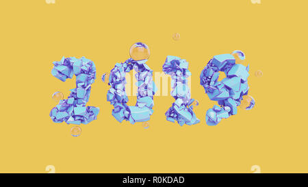 Happy New Year Banner with 2019 trendy blue color Numbers made by shattered cracked stone isolated on orange Background with flying glass spheres. abstract 3d illustration Stock Photo