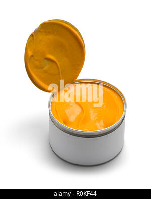 Open Tin Can of Cheese Sauce Isolated on a White Background. Stock Photo