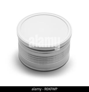 Small Tin Can With Plastic Lid Isolated on a White Background. Stock Photo