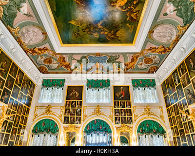 18 September 2018: St Petersburg, Russia - The Portrait Hall in Peterhof Grand Palace.